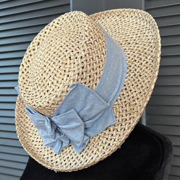 Imperial “Vail” Straw Hat in White and Tan with Blue Chambray Band and Bow, OSFM - Picture 6 of 10